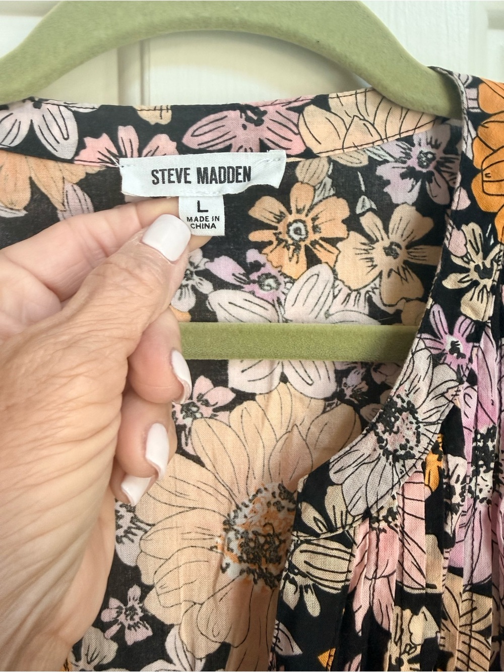 Steve Madden Black Floral cinch waist Dress with Pink & Peach Blooms